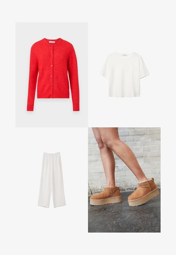Červený pletený cardigan s dlhými rukávmi, okrúhlym výstrihom a zapínaním na gombíky vpredu. Mäkkučká textúra s rebrovanými detailmi na manžetách a leme.; Biela krátkopsová tričko vyrobené z bavlny. Má okrúhly výstrih a voľný strih. Hladká textúra bez viditeľných vzorov alebo akcentov.; Biele široké nohavice vyrobené z ľahkej tkaniny. Obsahujú elastický pás so sťahovacou šnúrkou a bočné vrecká. Hladká textúra.; Hnedé semišové kotníkové čižmy s mäkkou podšívkou, hrubou béžovou platformou a zadným pútkom na obutie. Textúrovaný povrch s viditeľnými švami.