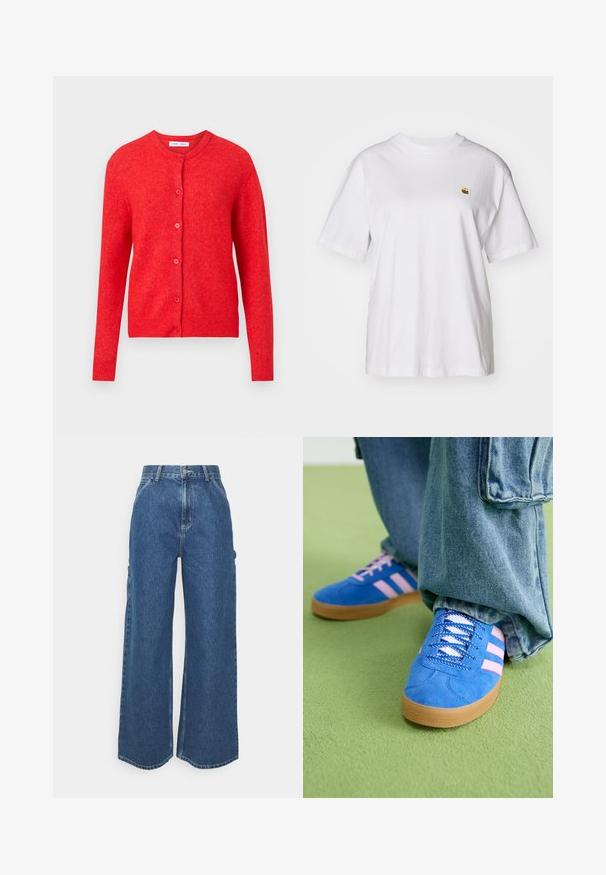 Cardigan tricotat roșu, cu mâneci lungi, decolteu rotund și închidere cu nasturi pe față. Textură moale, cu accente cu nervuri la manșete și la tiv.; Tricou alb din bumbac cu o croială lejeră, mâneci scurte și un mic logo brodat în zona stângă a pieptului.; Pantaloni din denim albastru cu talie înaltă și picioare largi, cu o cusătură contrastantă și buzunare laterale, având un design clasic cu cinci buzunare și margini brut.; Pantofi din piele întoarsă albaștri cu dungi roz și șireturi albe, având o talpă din cauciuc gumat, asortați cu pantaloni din denim largi pe o suprafață verde.