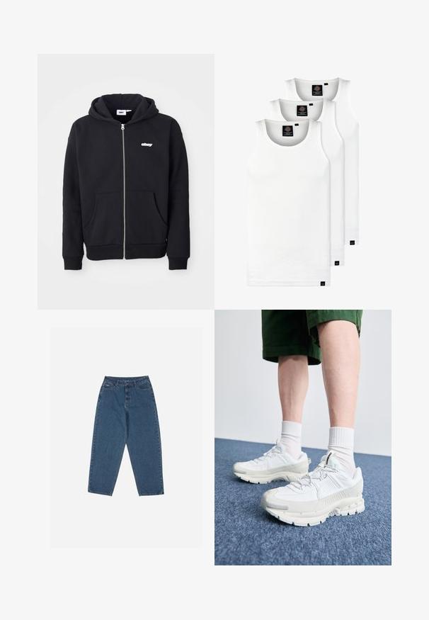 Sweatshirt preto com fecho, feito de uma mistura de algodão. Possui um bolso frontal, punhos canelados e um pequeno logótipo branco "obey" no peito.; Três tops em algodão de alças brancas com nervuras. Apresentam um decote redondo e pequenas etiquetas pretas perto da bainha. Disponíveis em vários tamanhos.; Calças de ganga azul com um corte descontraído, cintura alta, design de cinco bolsos e detalhes em costura. Apresenta um fecho com botão e zíper.; Sapatos atléticos brancos com sobreposições texturizadas, sola espessa e detalhes em cinza. Usados com meias brancas até ao tornozelo e calções verdes sobre uma superfície azul.