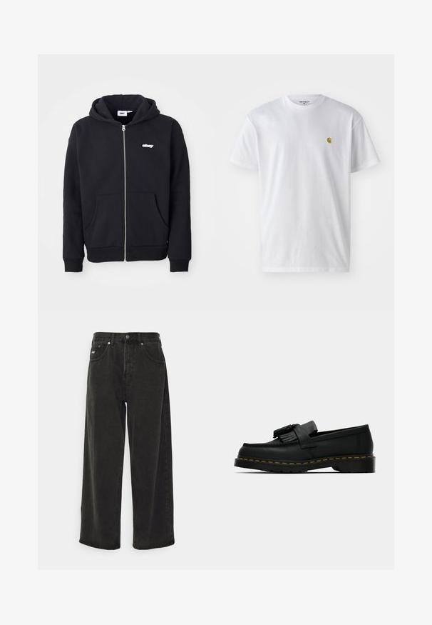 Melnā kapuce ar rāvējslēdzēju, izgatavota no kokvilnas un sintētisko šķiedru maisījuma. Iespējams, priekšējais kabata, ribotie piedurknes un neliels balts "obey" logo uz krūtīm.; Balta kokvilnas t-kreklu ar īsām piedurknēm, apaļu kakla izgriezumu, ar mazu zelta logotipu kreisajā krūšu pusē. Mīksta tekstūra un regulāra piegriezuma.; Obey Clothing BIGWIG BAGGY - Plati džinsi - black; Melnas ādas loafer kurpes ar pušķiem, dzeltena šuve apkārt zolei un bieza, rievota gumijas zole.