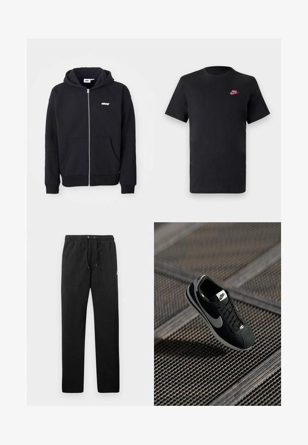 Fekete zipzáros kapucnis pulóver pamut keverék anyagból. Elöl zsebbel, bordás mandzsettagal és egy kis fehér "obey" logóval rendelkezik a mellkasán.; Fekete pamut póló kerek nyakkivágással és rövid ujjakkal. Bal felső oldalon rózsaszín Nike logóval. Sima textúra.; Fekete, bolyhos anyagú melegítők, elasztikus derékkal és húzózsinórral, két elülső zsebbel és egy kisméretű logóval a combján.; Fekete Nike sneaker szürke részletekkel, velúr és hálós anyagokból, textúrázott talppal, keskeny formával és klasszikus fűzős kialakítással.