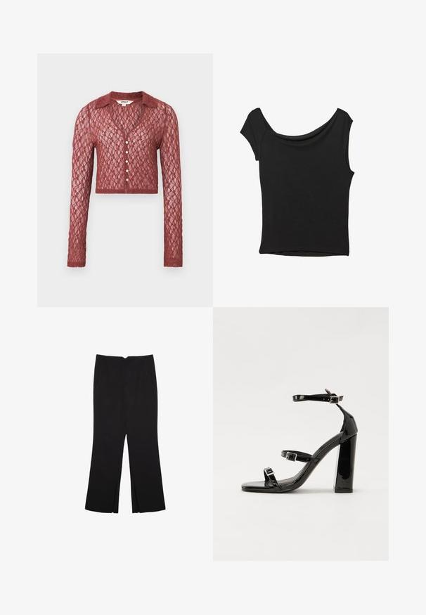 Cardigan in pizzo di un rosso intenso, lunghezza cortissima, maniche lunghe, scollo a V, chiusura con bottoni, decorato con un motivo testurizzato.; Top nero a maniche corte realizzato in tessuto liscio; presenta un colletto drappeggiato e un orlo asimmetrico, con una vestibilità aderente.; Pantaloni neri a gamba dritta, con tasche frontali e spacchi laterali all'orlo. Realizzati in tessuto morbido e liscio. Adatti a diverse occasioni.; Sandali con tacco in vernice nera, con punta squadrata, cinturini alla caviglia e fibbie in argento. Presentano un tacco a blocco spesso per maggiore stabilità.