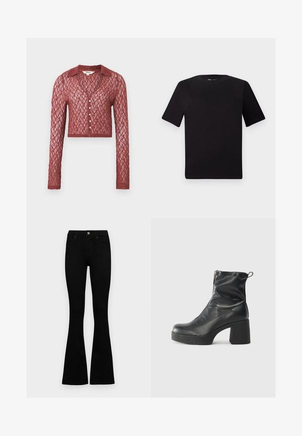 Lace cardigan in deep red, cropped length, long sleeves, v-neckline, button closure, detailed with a textured pattern.; Black short-sleeve t-shirt with a round neckline, crafted from soft cotton fabric. Simple design, no visible logos or patterns.; Black high-waist jeans with a button and zip closure, front pockets, and flared legs laid flat on a white background.; Black ankle boots made of smooth leather, featuring a side zipper, chunky textured heel, and rounded toe design.