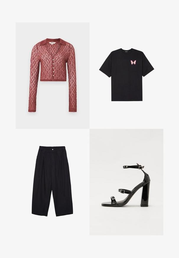 Spitzenstrickjacke in tiefrot, kurze Länge, lange Ärmel, V-Ausschnitt, Knopfverschluss, verziert mit einem strukturierten Muster.; Schwarzes Baumwoll-T-Shirt mit kurzen Ärmeln, das ein kleines pinkes Schmetterlingsmotiv auf der linken Brust zeigt. Crewneck-Design mit einem entspannten Schnitt.; Schwarze Polyester-Culotte mit einem elastischen Bund, zwei vorderen Falten und einer lockeren Silhouette. Keine sichtbaren Muster oder Hardware-Details.; Schwarze patentierte Sandalen mit Absatz, quadratischer Spitze, Knöchelriemen und silbernen Schnallen. Mit einem stabilen Blockabsatz für mehr Stabilität.