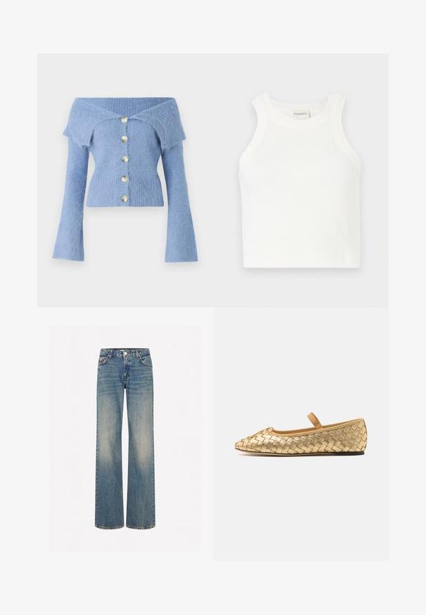 Gaiši zils bezplecu džemperis, izgatavots no mīkstas auduma, ar ribotu tekstūru, izplešamām piedurknēm un pieciem perlām līdzīgiem pogām.; Baltas ribots t-krekls ar platām plecu siksnām un pieguļošu siluetu. Iekļauts neliels uzspiedušais logos tuvumā apakšmalai.; Gaiši zili džinsu bikšu ar platu kāju griezumu, izbalējušu tekstūru, piecām kabatām, pogu aizdari un kontrastējošām šuvēm.; Loeffler Randall LEONIE SOFT BALLET FLAT - Baletkurpes ar siksniņu ap potīti - gold