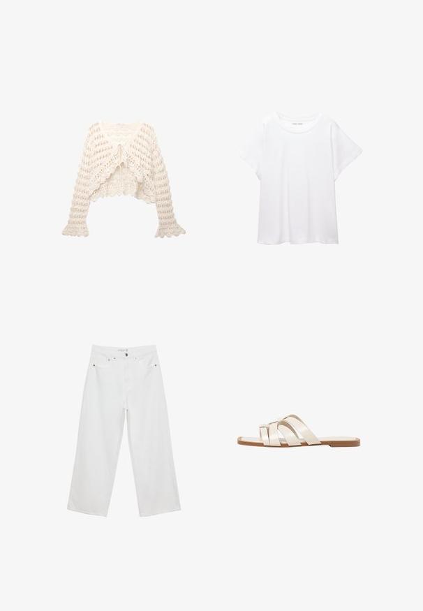 Szydełkowany kardigan w kolorze ecru. Posiada krótką konstrukcję, rozszerzane rękawy oraz zapięcie na sznurek z przodu, z otwartym wzorem dzianiny.; Biała koszulka wykonana z miękkiej, lekkiej tkaniny. Posiada okrągły dekolt oraz krótkie, szerokie rękawy, zapewniające luźny krój. Brak widocznych wzorów.; Białe spodnie dżinsowe w stylu szerokich nogawek z wysokim stanem, wyposażone w pięć kieszeni i metalowe akcenty. Gładka struktura, bez widocznych wzorów.; Płaskie sandały z brązową gumową podeszwą, zaprojektowane z trzema nakładającymi się na siebie białymi skórzanymi paskami i małym detalem w postaci kokardy na środku.