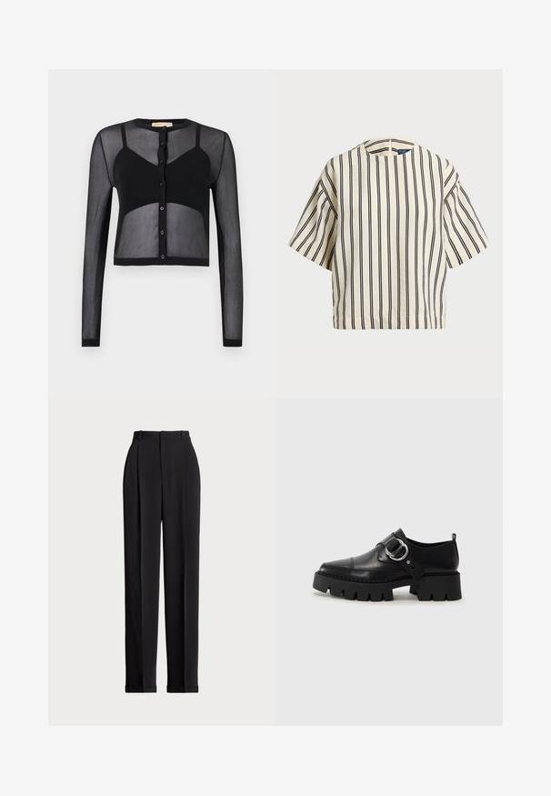 Czarny krótki kardigan z długimi rękawami, wykonany z przezroczystego materiału. Posiada zapięcie na guziki z przodu oraz kontrastowe, gładkie sekcje, które dodają tekstury i wizualnego interesu.; Krótki rękaw, paskowana bluzka w kolorze kremowym i granatowym, z okrągłym dekoltem i pudełkowym krojem, wykonana z fakturowanej tkaniny.; Czarne dopasowane spodnie z wysokim stanem, z kantami z przodu, prostą nogawką i mankietem na dole. Wykonane z gładkiego materiału.; Czarne skórzane buty z masywną, żebrowaną podeszwą, z okrągłym akcentem ze srebrnego metalu i minimalnymi detalami szwów.