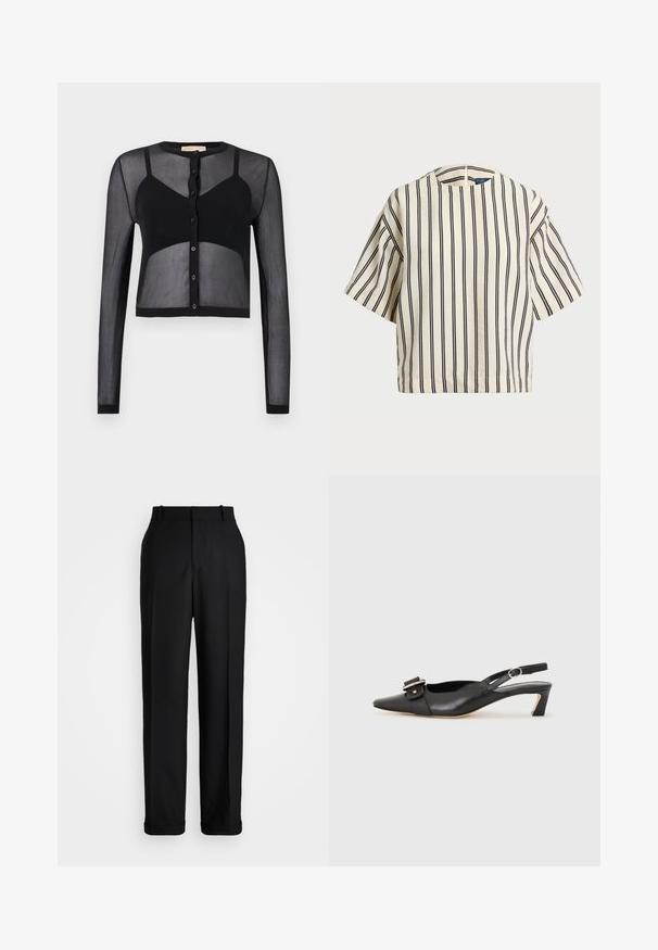 Črn skrajšan cardigan z dolgimi rokavi, izdelan iz prosojnega materiala. Ima gumbaste zaponke spredaj in kontrastne enobarvne dele za teksturo in vizualno zanimivost.; Kratek rokav, prugast top v kremni in mornarsko modri barvi, z okroglim izrezom in kvadratnim dizajnom ter teksturirano tkanino.; Polo Ralph Lauren HIGH RISE RELAXED STRAIGHT TROUSER - Hlače - black; Črne usnjene slingback čevlje z ostrim nosom, majhnim petam in dekorativno sponko na zgornjem delu. Gladka tekstura, minimalistična zasnova.