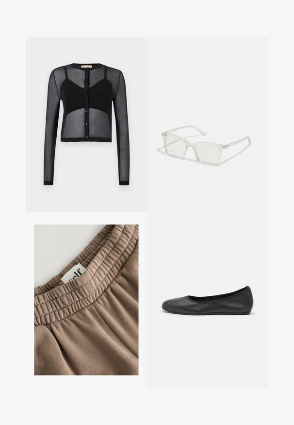 Must must tükeldatud kardigan pika varrukaga, valmistatud õhukesest kangast. Omab nupuvälistust ja kontrastseid ühtlaseid osi tekstuuri ja visuaalse huvi loomiseks.; Valge puuvillane tank top, laiade õlavarretrippide ja ümmarguse kaelusega, sujuva ja ribakujulise tekstuuriga. Ilma mustrite ja aktsentideta.; Pruun elastne vöökoht kokku pandud tekstuuriga, kinnitatud silt tekstiga "self" ning pehme kangas, millel on sile pind ja neutraalne toon.; Musthave mustika tantsutossud mustast nahast, ümmarguse varbaga, siledast tekstuurist, minimaalse õmblusdetailiga ja paindliku tallakujundusega.; Selge plastmassist ruudukujulised prilliraamid koos läbipaistvate läätsedega, millel on kuldsed aktsendid templitel, et lisada detaile.