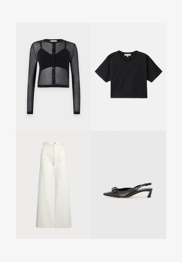 Svart kort cardigan med lange ermer, laget av gjennomsiktig stoff. Har knappestolpe foran og kontrasterende solide seksjoner for tekstur og visuell interesse.; Svart cropped t-skjorte laget av bomull. Har rund hals og korte ermer. "MICHAEL KORS" brodert i matchende farge foran.; Vidde bukser i off-white denim. Høyt liv-design med knappelukking, to frontlommer og kontrastsøm detaljer.; Svarte skinn slingback-sko med spiss tå, liten hæl og dekorativ spenne-detalj på overdelen. Glatt tekstur, minimalistisk design.