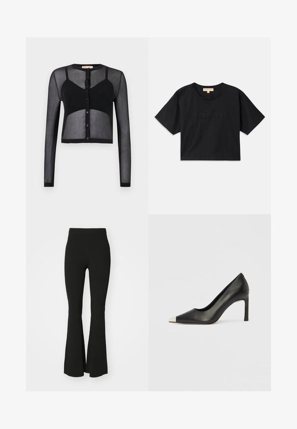 Svart kort cardigan med lange ermer, laget av gjennomsiktig stoff. Har knappestolpe foran og kontrasterende solide seksjoner for tekstur og visuell interesse.; Svart cropped t-skjorte laget av bomull. Har rund hals og korte ermer. "MICHAEL KORS" brodert i matchende farge foran.; Sorte flared bukser laget av elastisk stoff, med høy livhøyde og en glatt, uornamentert overflate. Enkelt og figurnært design.; Svart lærsko med høye hæler, spiss tå og metallisk sølvhette. Har en glatt finish og en slank hæl på 10 cm.