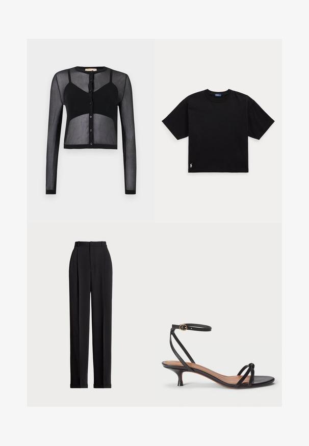 Schwarze kurz geschnittene Strickjacke mit langen Ärmeln, aus transparentem Stoff. Verfügt über eine Knopfleiste vorne und kontrastierende einfarbige Abschnitte für Struktur und visuelles Interesse.; Schwarzes Baumwoll-T-Shirt mit kurzen Ärmeln, Rundhalsausschnitt und kleinem weißen Logo unten links. Klassische, kastige Passform mit minimaler Detailgestaltung.; Schwarze, taillierte Hose mit hoher Taille, mit Falten vorne, geradem Bein-Design und umgeschlagenem Saum. Aus glattem Stoff gefertigt.; Polo Ralph Lauren LEATHER KITTEN-HEEL SANDAL - Pumps - black