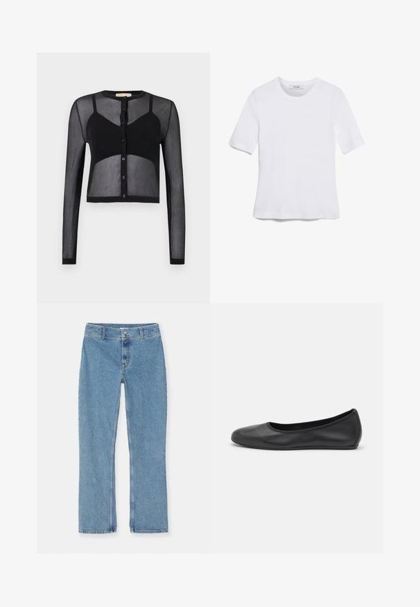 Cardigan negru scurt cu mâneci lungi, realizat dintr-un material transparent. Are un sistem de închidere cu nasturi și secțiuni solide în contrast pentru textură și interes vizual.; Tricou alb cu mânecă scurtă, confectionat dintr-un material texturat. Gât rotund, tăietură regulară și detalii subtile de cusătură. Fără modele sau grafice.; Jeans drept, de culoare albastră deschisă, din denim, cu închidere cu nasture și fermoar, bucle pentru curea și cusături standard pe un fundal alb.; Balerini din piele neagră, cu vârf rotund, textură netedă, detalii de cusătură minimale și un design al tălpii flexibil.
