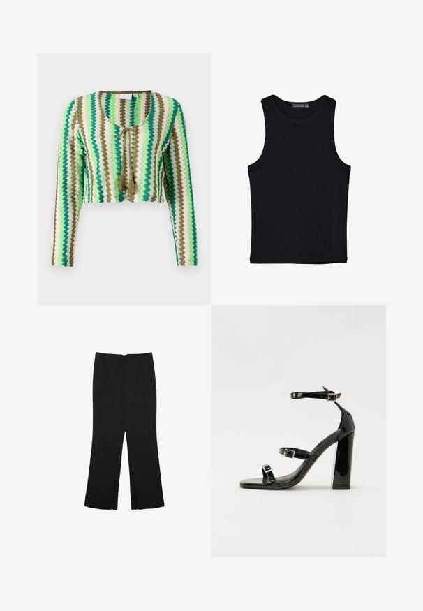 Virkat kardigan i gröna, krämiga och olivfärgade ränder. Har långa ärmar, rund halsringning och ett band med fransar framtill.; Svart linne i bomull, med rund halsringning och breda armhål. Slät yta med sydda fållar. Klassisk, minimalistisk design.; Svarta byxor med rak passform, utrustade med framfickor och sidoklyvningar vid fållen. Tillverkade av mjukt, slätt tyg. Lämpliga för olika tillfällen.; Svarta lackerade högklackade sandaler med två spännband, fyrkantig tå och en tjock klack, med en slät och glansig yta.