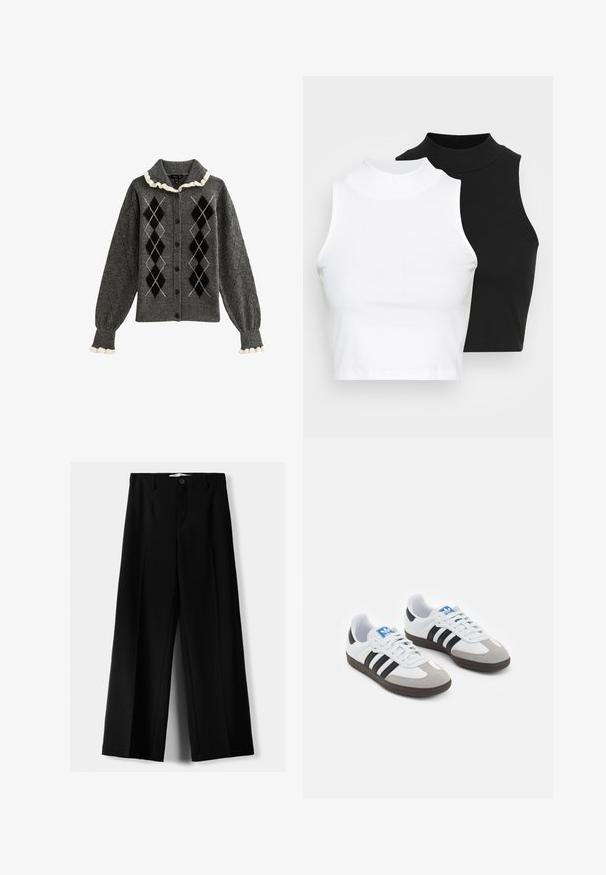 Grå kofta med argyle-mönster i svart och vitt, ribbade ärmslut, volangkrage och knappstängning. Tillverkad av mjukt stickat material.; Två ärmlösa ribbade polotröjor i svart och vitt, med en figursydd design och slät textur, i en kortad längd.; Svarta vida byxor i lätt material, med knappstängning fram och platt front, samt väl sydda fållar.; Sportskor med överdel i vit läder, grå mocka på tårna och tre svarta ränder. Har en blå logotyp på tungan och en texturerad gummisula.