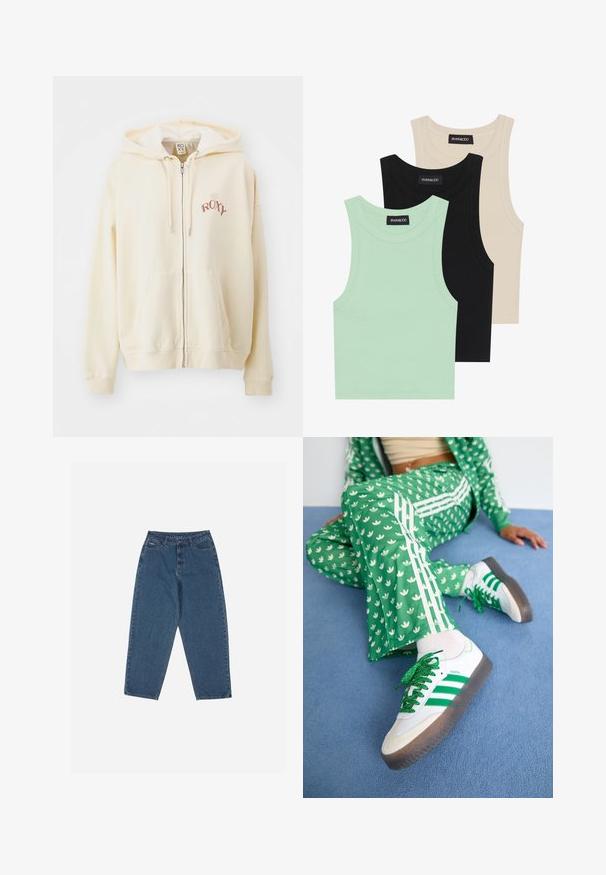 Hettegenser med glidelås i kremfarget bomull med myk innvendig fôr, med en liten rød grafisk logo og to frontlommer.; Tre tank topper i mintgrønn, svart og beige; laget av ribbestrikket stoff med rund hals og uten ermer. Merket synlig.; Blå denim jeans med en avslappet passform, høy midje, femlommesdesign og sømdetaljer. Har en knapp- og glidelås-lukking.; Grønn mønstret treningsdrakt med hvite blomsterdesign og hvite striper, kombinert med hvite joggesko med grønne striper og glitrende lisser.