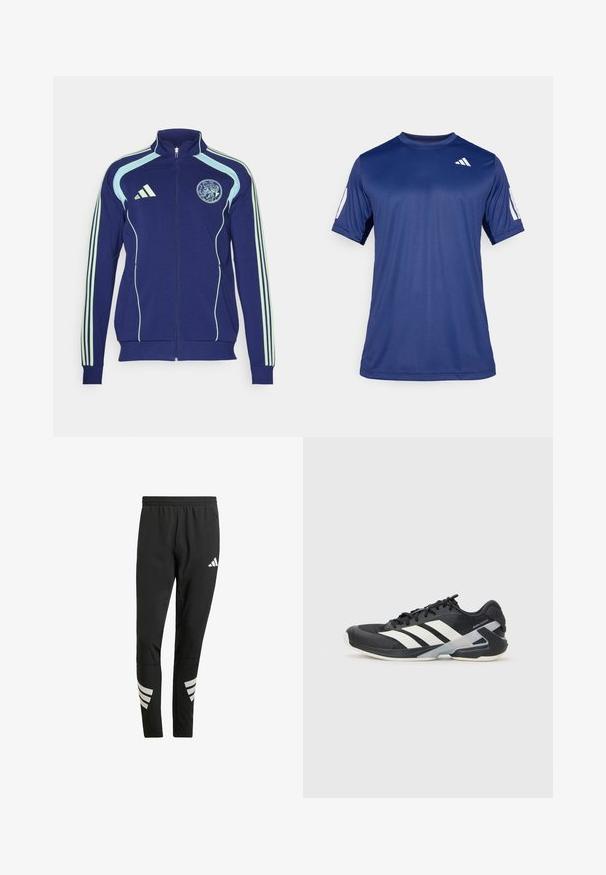 Tumes sinine sportlik jakk heledate roheliste aksentidega, tõmblukk ees, kõrge krae ja kolme triibuga varrukad. Rinnal on ümmargune logo.; Tume sinine lühikeste varrukatega spordisärk, mis on valmistatud siledast kangast, ümmarguse kaelaauguga ja valge logoga vasakul ülemisel rinnaosal.; Mustad mustreeritud mustad sportpantsid elastse vöökohtaga, mille alumistel jalgadel on peegeldavad valged aksendid triibumustrites. Valmistatud siledast kangast.; Mustad sportlik jalanõud mustade värvidega, valgete triipudega, võrgusilma pealmine osa, ümar varvas ja pehme tallaga. Omab tekstureeritud kontsa ja kindlat paeltesüsteemi.