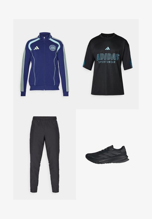 Námořnická sportovní bunda s jemně zelenými akcenty, zapínání na zip vpředu, vysoký límec a rukávy se třemi pruhy. Na hrudi se nachází kulatý logo.; Černé sportovní tričko Adidas s síťovanou texturou, krátkými rukávy, kulatým límcem a modrým logem a textovými detaily na přední části a rukávech.; Černé sportovní kalhoty s elastickým pasem, zúženými nohavicemi a bílými bočními akcenty. Vyrobené z umělého materiálu s hladkým povrchem.; Černá běžecká obuv Adidas s vrchní částí z Gore-Texu, třemi pruhy na boku a nápisem "Dreamstrike" na podrážce, pohled z vnější strany.