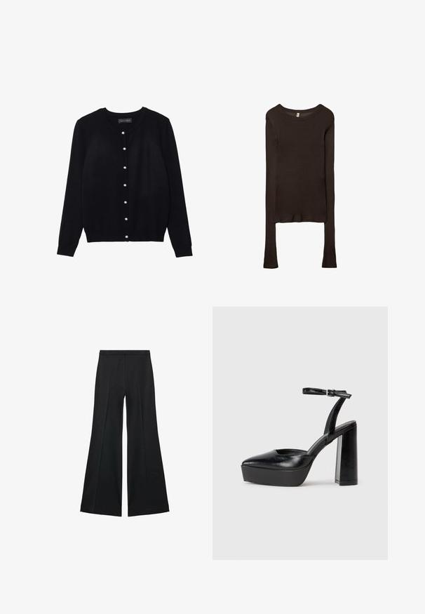 Crni kardigan od lagane tkanine, s okruglim izrezom, dugim rukavima i osam bijelih bisernih dugmadi duž prednje strane.; Dugi rukavi, uska majica izrađena od tamnosmeđeg materijala. Okrugli izrez, glatka tekstura i blago produženi rukavi bez manžeta.; Crne široke hlače s glatkom teksturom, koje imaju prednje nabore i kroj po mjeri. Tkanina je lagana i lepršava.; Crne platforme s potpeticom s oštrim vrhom i podešivom naramenicom. Izrađene od glatke kože, s masivnom blok petom.