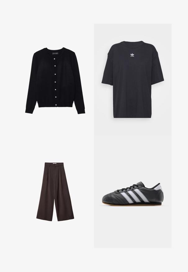 Černý kardigan z lehkého materiálu, s kulatým výstřihem, dlouhými rukávy a osmi bílými perlovými knoflíky po celé přední straně.; Černé bavlněné tričko s krátkými rukávy a kulatým výstřihem, na hrudi má bílé logo Adidas. Jednoduchý design, uvolněný střih.; Černé široké kalhoty s vysokým pasem, s předními záhyby a zapínáním na knoflík v pase, vyrobené z hladké látky.; Černá kožená sportovní obuv s bílými pruhy, kulatou špičkou, plochou podrážkou a šněrováním. Disponuje perforacemi pro prodyšnost.