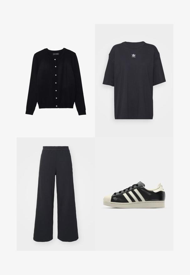 Fekete kardigán könnyű anyagból, kerek nyakkal, hosszú ujjal és nyolc fehér gyöngygombbal az elején.; Fekete pamut póló rövid ujjakkal, kerek nyakkivágással, mellkason fehér Adidas logóval. Egyszerű dizájn, laza fazon.; Fekete, bő szárú melegítőnadrág, puha anyagból készült, rugalmas derékkal és egy kis logóval a bal oldalon.; Fekete bőrsneaker fehér csíkokkal, gumírozott orral, fekete fűzővel és krém színű talppal. Simaság és fényes felület jellemzi.