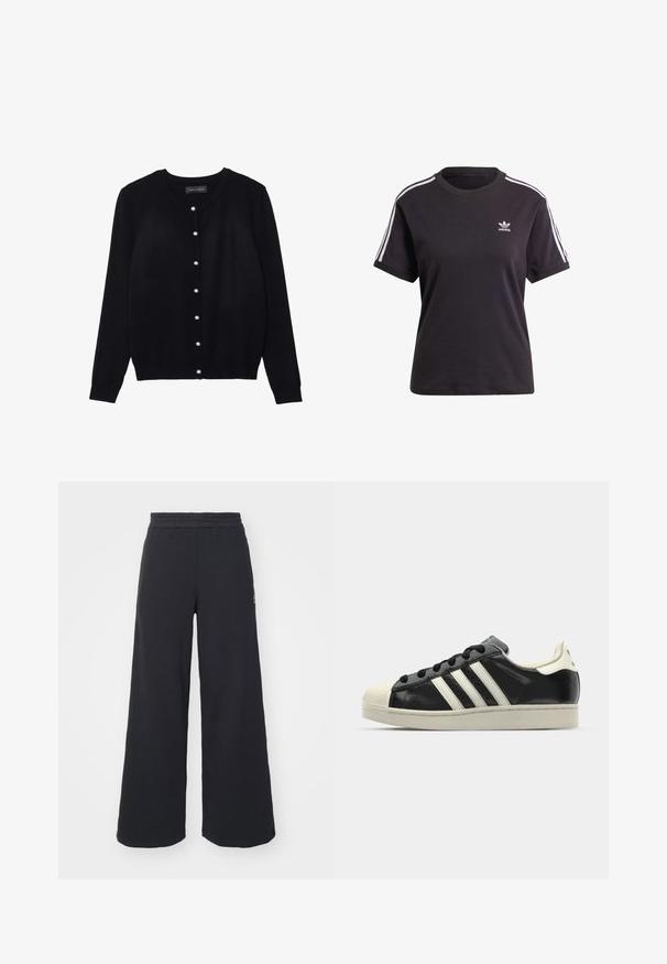 Melnā džemperis izgatavots no viegla auduma, ar apaļu kaklu, garām piedurknēm un astoņām baltām pērļu pogām priekšpusē.; Melna kokvilnas t-krekls ar īsām piedurknēm un apaļu kakla izgriezumu, ar baltām svītrām uz pleciem un mazu baltu Adidas logo uz krūtīm.; Melni platās svārku bikses, izgatavotas no mīksta auduma, ar elastīgu jostas daļu un mazu logotipu kreisajā pusē.; Melna ādas sporta apava ar baltām svītrām, gumijas purngala aizsardzību, melnām auklām un krēma krāsas zoli. Gluda tekstūra ar spīdīgu apdari.