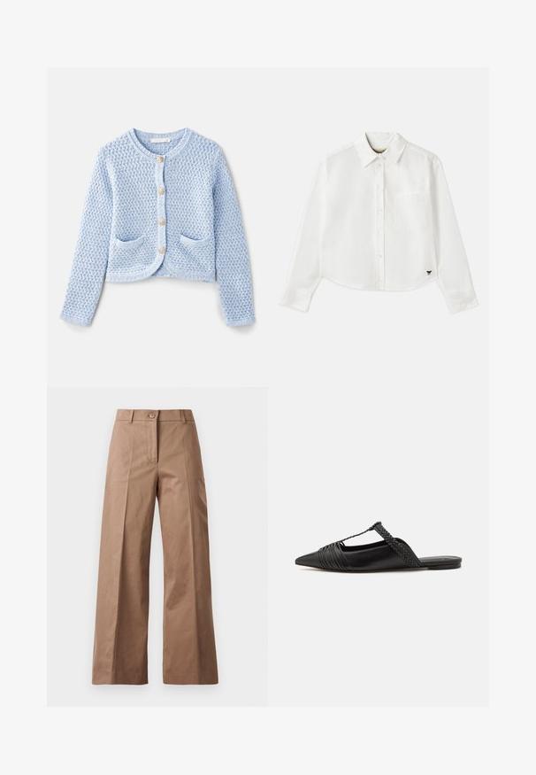 Vanessa Bruno DORINA - Kardigán - neptune; Biely skrátený dlhý rukáv košeľa vyrobená z bavlny. Má gombíkový predný zapínanie, vrecko na hrudi a malé čierne logo na spodnej ľavej strane.; Hnedé nohavice s širokými nohavicami vyrobené z hladkej látky, s predným zapínaním na gombík, dvoma prednými vreckami a čistými, precízne vykrojenými líniami.; Čierne kožené sandále so špičatou špičkou, ktoré majú tkaný detail a zborený dizajn vrchnej časti. Plochá podrážka s minimálnym hardvérom.