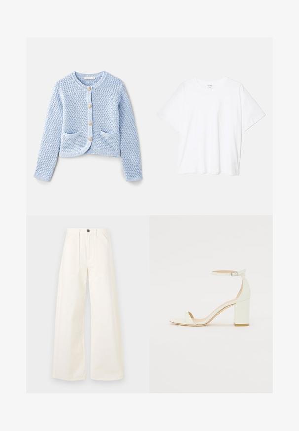 Vanessa Bruno DORINA - Kardiganas - neptune; Balta medvilnės marškinėliai trumpomis rankovėmis, apvalia iškirpte, laisvo kirpimo ir su siūtu kraštu. Etiketė matoma vidinėje iškirptės pusėje.; Platus kojų kelnės iš kreminės spalvos medvilnės audinio, su aukštu liemeniu, dviem priekinėmis kišenėmis ir vienu priekinio užsegimo mygtuku.; Baltos odos blokinio kulno sandalai, su kulkšnies dirželiu ir sagtimi, minimalistinio dizaino. Atvira pirštų dalis ir sklandžios tekstūros visoje.