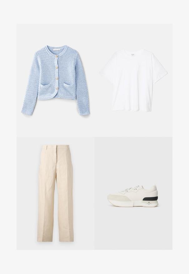 Vanessa Bruno DORINA - Casaco de malha - neptune; T-shirt de algodão branco com mangas curtas, decote redondo, corte descontraído e bainha cosida. Etiqueta visível no interior do pescoço.; Calças de linho bege com um corte solto, frente plissada e pernas retas. Apresentam uma cintura com passantes para cinto e sem bolsos visíveis.; Sneaker branco com biqueira em camurça texturizada, parte superior em malha lisa, atacadores decorativos e um detalhe na parte de trás em borracha preta.