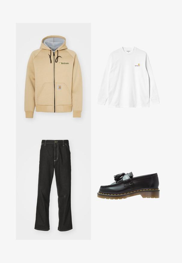 Beige zip-up hettegenser med snorhette, frontlommer, svart glidelås og logodetalj. Mykt stoff med ribbede mansjetter og nederkant.; Langermet hvit bomulls T-skjorte med rund hals, med en liten gul og burgunder logo på venstre bryst. Sømløse mansjetter og nederkant.; Svarte denimbukser med løs passform, med kontrastfylt hvit søm, knappelukking og rett ben-design.; Sorte lærloafers med en teksturert finish, med en dekorativ dusk og kontrasterende gul søm, på en chunky, transparent såle.