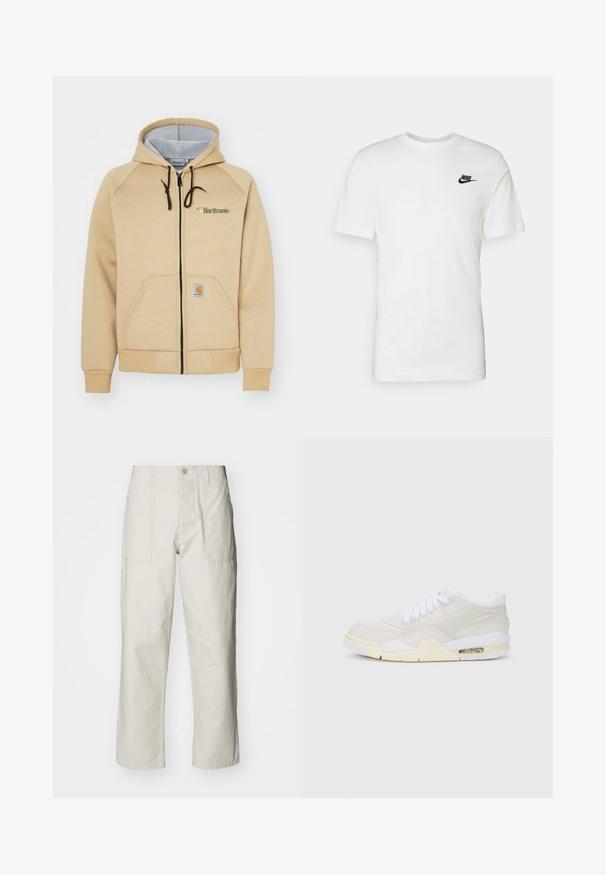 Bēša kapuces džemperis ar rāvējslēdzēju, ar aukliņu regulēšanai, priekšējām kabatām, melnu rāvējslēdzēju un logo detaļu. Mīksts audums ar ribotām piedurknēm un apakšmalu.; Balta kokvilnas T-kreklu ar īsām piedurknēm, apaļu kakla izgriezumu un melnu Nike logotipu kreisajā krūtīs. Gluda tekstūra un klasiskā piegriezuma siluets.; Gaiši bežs platā kāju bikses, izgatavotas no kokvilnas. Iekļautas priekšējās kabatas un pogu aizdare. Gluda tekstūra ar smalkām vertikālām līnijām.; Skrienotāji ar vieglu beigu sintētisko virsmu, baltiem šņorēm un redzamu amortizāciju. Iezīme gluda zole un smalki sānu akcenti.