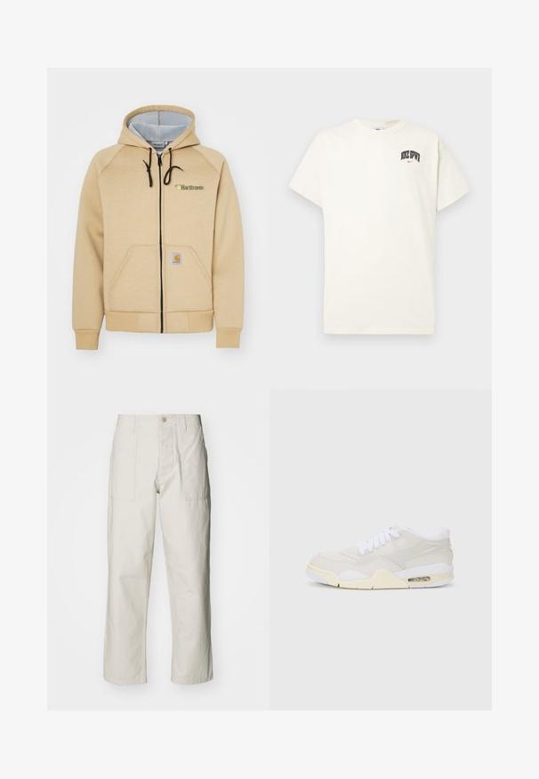 Sudadera con cremallera en color beige, capucha con cordones, bolsillos delanteros, cremallera negra y detalle del logo. Tejido suave con puños y dobladillo acanalados.; Camiseta de algodón color crema con mangas cortas, que presenta "NIKE SB" en texto negro y rojo en el pecho. Cuello redondo estándar.; Pantalones de pierna ancha color beige claro, hechos de algodón. Cuentan con bolsillos frontales y cierre de botón. Textura suave con sutiles líneas verticales.; Zapatillas con una parte superior sintética beige clara, cordones blancos y acolchado visible. Presentan una suela suave y acentos sutiles en los laterales.