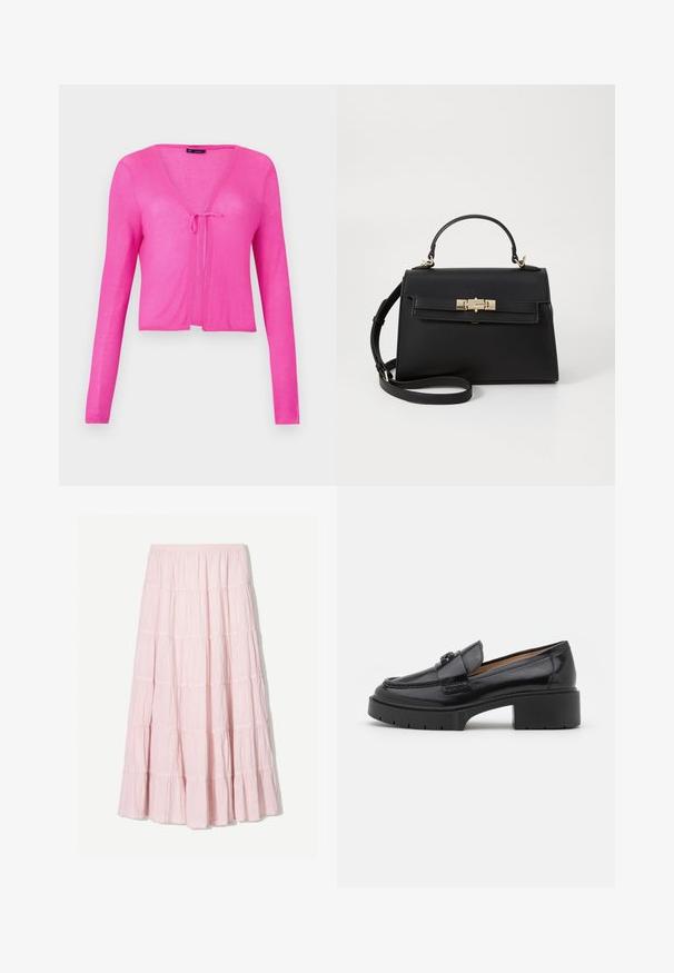 Żebrowany, krótki kardigan w jaskrawym różu z długimi rękawami i dekoltem w kształcie litery V, z detalem przedniego zapięcia w postaci kokardy.; Jasnoróżowy top na ramiączkach z szarymi wykończeniami i regulowanymi ramiączkami spaghetti, z dużym, centralnie umieszczonym szarym logo "adidas". Materiał bawełniany.; Jasnoróżowa, warstwowa spódnica maxi wykonana z teksturowanej, lekkiej tkaniny. Elastyczny pas i zwiewny dół z falbaniastymi akcentami.; Czarne skórzane mokasyny z niskim obcasem, zaokrąglonym czubkiem, dekoracyjnym paskiem i teksturowanym szyciem na cholewce. Gładkie wykończenie.; Czarna skórzana torebka o wyraźnej strukturze, z górnym uchwytem, odpinanym paskiem na ramię oraz złotymi dodatkami. Posiada zapięcie na klamrę z przodu.