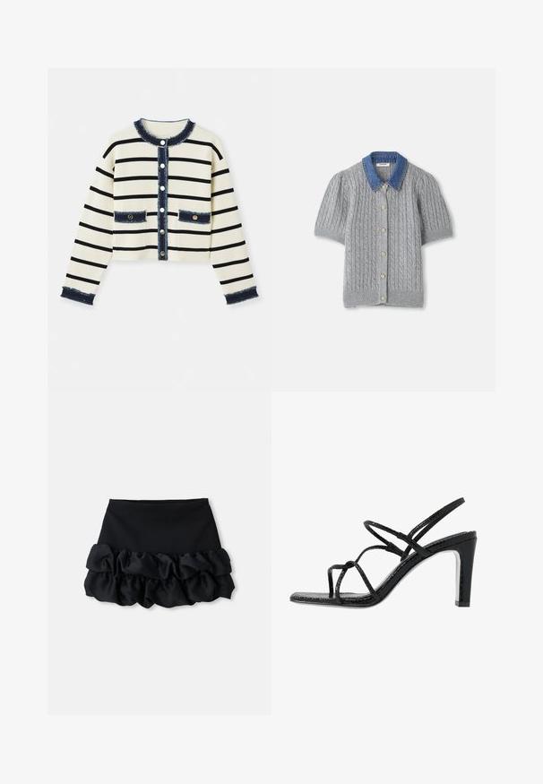 Svītrainā džemperī ir ribota tekstūra, krēmkrāsas pamats, melnas svītras un džinsu akcenti apkaklī, kabatās un aprocēs. Iezīmes sudraba pogas.; Pelēks adīts īsām piedurknēm kardigans ar stīgas rakstu, ar džinsa apkakli un pieciem zelta pogām priekšpusē.; Melnā mini svārki ar piegulīgu augšu un trim ruffles slāņiem apakšā, ar gludu tekstūru un tīrām līnijām.; Melnas papēžu siksniņas ar plānām siksnām, teksturētu apdari, atvērtu purngalu un elegantu, smailu papēdi. Iezīmē gludu iekšējo daļu un spīguļojošu virsmu.