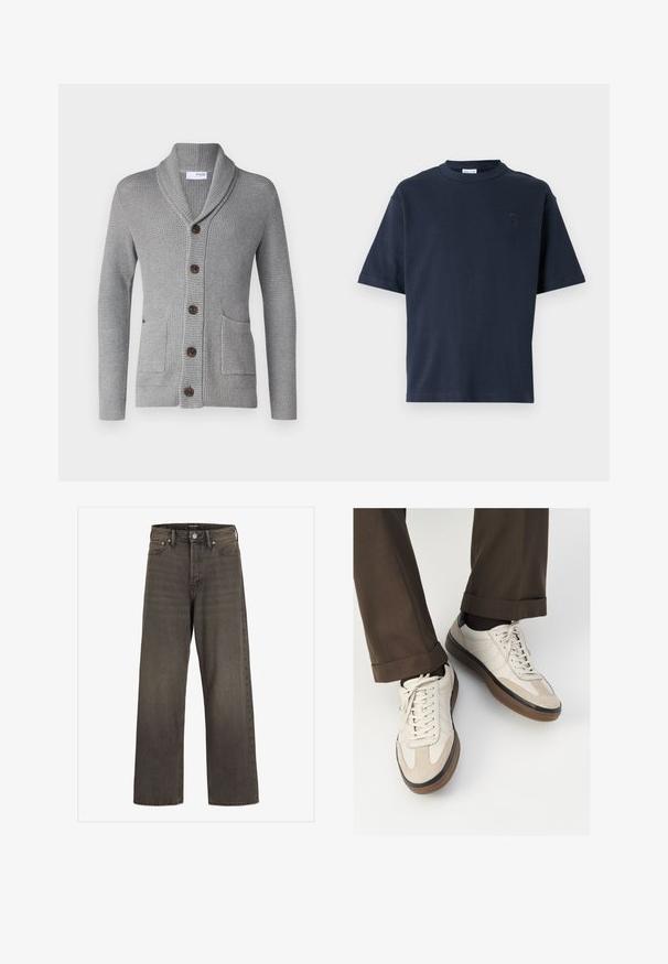 Pilkas megztinis su šalikine apykakle, penkiomis rudos spalvos mygtukais, dviem priekinėm kišenėm ir dygsniuotais rankogaliais. Tekstūruota medžiaga suteikia jaukų išvaizdą.; Tamsiai mėlynas trumpomis rankovėmis marškinėliai, pagaminti iš medvilnės. Yra apvalus iškirpimas ir subtilus logotipas krūtinėje. Tiesioginis kirpimas be raštų.; Plati kojinės džinsai tamsiai pilkos spalvos džinsinio audinio, su aukštu liemeniu, klasikinio penkių kišenių dizainu ir kontrastinga siuvimo linija siūlėse.; Bežiniai sportbačiai su tekstūruotu zomšinės priekine dalimi, lygiomis odinėmis šoninėmis dalimis ir ruda guminėmis padais. Į komplektą įeina juostelės ir šviesūs siuvimo detalės.