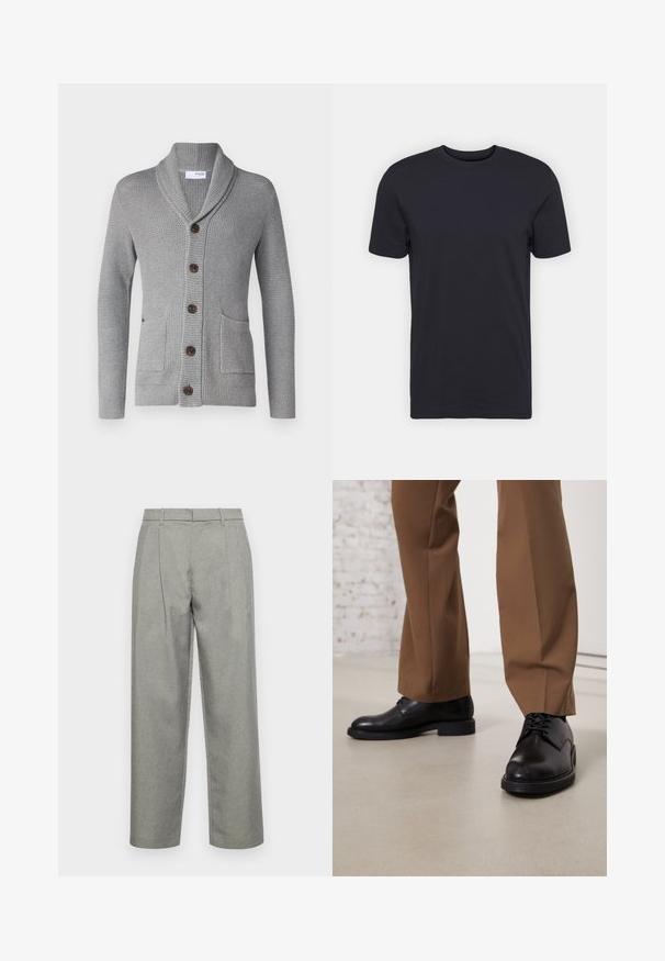 Grå strikket cardigan med sjalkrage, fem brune knapper, to frontlommer og ribbestrikkede mansjetter. Teksturen gir et koselig utseende.; Svart bomull T-skjorte, korte ermer, rund hals, ensfarget, lett stoff, jevn tekstur, ingen synlige mønstre eller grafikk.; Grå skreddersydde bukser laget av teksturert stoff, med rett benkonstruksjon, frontfold og standard midje med beltesløyfer.; Svarte lær sko med glatt overflate og rund tå, med snøring og lav, flat såle. Kombinert med brune bukser.