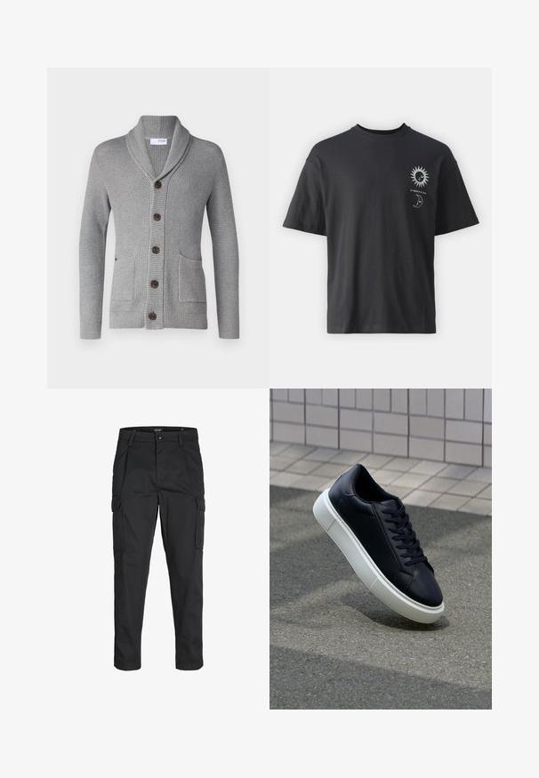 Pelēka adīta kardigāna ar šalu apkakli, piecām brūnām pogām, divām priekšējām kabatām un ribotām piedurknēm. Strukturēta auduma materiāls piedāvā mājīgu izskatu.; Melna kokvilnas t-krekls ar īsām piedurknēm, apaļu apkakli un priekšpusē attēlotiem saules un mēness grafikas, kopā ar tekstu "Le Soleil et La Lune."; Melnas kravas bikses, izgatavotas no izturīga auduma, ar vairākiem kabatām, pogu aizdari un šaura piegriezuma dizainu ar sašaurinātiem kāju apakšiem.; Melnas ādas kedas ar noapaļotu pirkstu un baltu gumijas zoli. Iespējas - plakanas šņorītes un minimāla apdare augšdaļā. Struktūrēta zole, lai nodrošinātu saķeri.