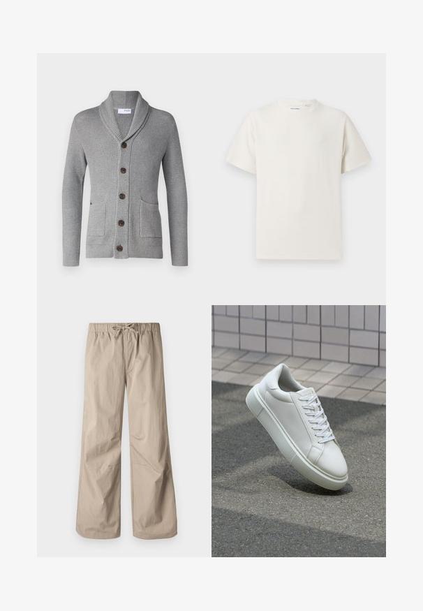 Pilkas megztinis su šalikine apykakle, penkiomis rudos spalvos mygtukais, dviem priekinėm kišenėm ir dygsniuotais rankogaliais. Tekstūruota medžiaga suteikia jaukų išvaizdą.; Balta trumpa rankovė T-polo marškinėlių su juostelėmis tekstūra. Apvalus iškirpimas, laisvas fasonas, jokių matomų raštų ar akcentų. Paprastas ir universalus dizainas.; Šviesiai rudos plačios kelnės su elastinga juosta ir raišteliu. Lygus paviršius, dvi šoninės kišenės ir minimalūs siūlės, užtikrinantys patogų prigludimą.; Balti odiniai sportbačiai su lygiu paviršiumi, apvalia nosimi ir plokščiomis baltomis raištelėmis. Yra tekstūruotas gumos padas ir minimalizmas dizaino elementuose.