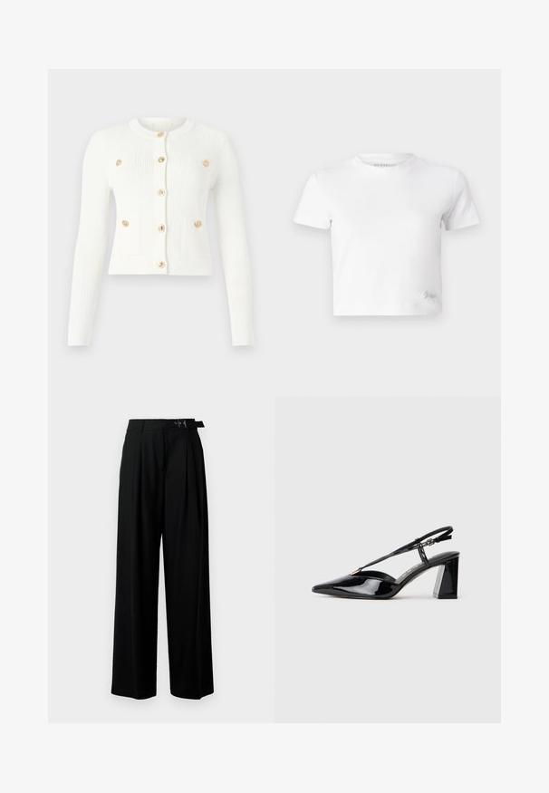 Bijela rebrasta cardigan jakna s dugim rukavima, okruglim izrezom, s šest zlatnih dugmadi i dva prednja džepa s preklopima.; Bijela skraćena majica izrađena od glatkog pamuka, s visokim izrezom i kratkim rukavima. Mali izvezeni logo u donjem kutu.; Crne široke hlače s visokim strukom, nabranima sprijeda i remenom s kopčom. Izrađene od glatkog, laganog materijala.; Crne lakirane kožne cipele s otvorenom petom, visoke potpetice, šiljastog prsta, podesivom trakom i debelim pravokutnim potplatom.