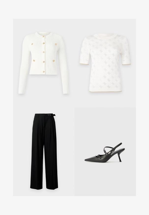 Hvit stripet cardigan med lange ermer, rund hals, seks gullknapper og to frontlommer med klaffedetaljer.; Strikket hvit kortermet topp med subtilt mønster, med rund hals og gulldetalj ved kanten. Teksturen virker lett og pustende.; Svarte vide bukser med høy livlinje, folder foran og belte med spenne. Laget av glatt, lett materiale.; Sorte skinn slingback-hæler med spiss tå, slank hæl og dekorativ spenne detalj på vampsiden. Glatt tekstur og stilrent design.
