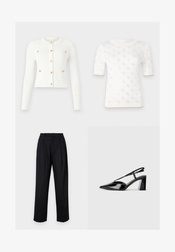 Bela rebrasta jopica z dolgimi rokavi, okroglo ovratnikom, šestimi zlatimi gumbi in dvema sprednjima žepoma s pokrovnimi detajli.; Pleteni beli kratkotrajni top z diskretno vzorcem, ki ima okroglo ovratnico in zlat dodatek na robu. Tekstura se zdi lahka in zračna.; Črne hlače z krojem po meri, ki se ponašajo z visokim pasom, plitvimi gubami in ravnim krojem. Narejene so iz gladkega blaga z enotno barvo.; Črne lakirane slingback visoke pete z ostrim nosom, nastavljivim trakcem in debelim pravokotnim peto.