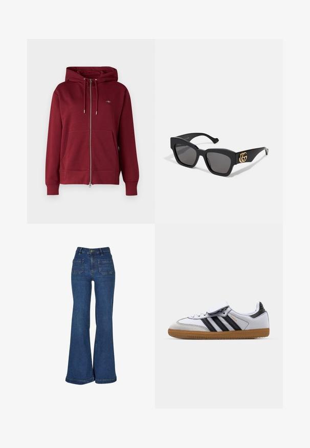 GANT SHIELD ZIP - Vetoketjullinen college - plumped red; Kolme hihattomaa paitaa valkoisena, harmaana ja tummansinisena. Valmistettu pehmeästä puuvillasta, ohutolkaimilla ja tiukalla suunnittelulla ilman koristeita.; Korkeavyötäröiset leveälahkeiset farkut, jotka on valmistettu tummansinisestä denimistä. Niissä on viisi taskua, keltainen ompelu ja nappikiinnitys vyötäröllä.; Valkoiset nahkakengät mustilla raidoilla ja harmailla yksityiskohdilla, joissa on pyöreä kärki ja kumipohja. Tarranauha ja nauhakiristys.; Mustat suorakaiteen muotoiset aurinkolasit tummilla linsseillä, joissa on kultainen GG-logo sivussa. Valmistettu kiiltävästä muovista ja suorat tempurivarret.