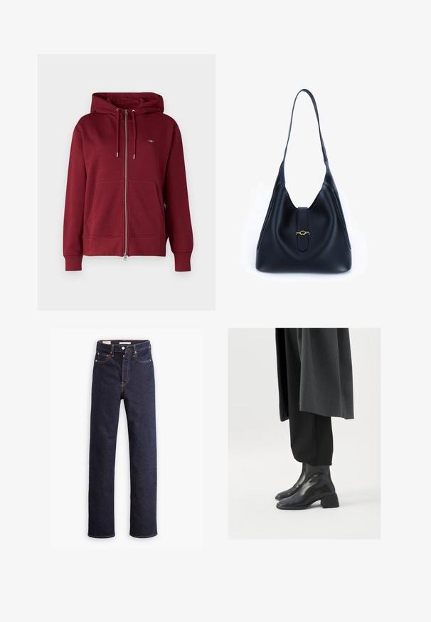 GANT SHIELD ZIP - Sweatjakke - plumped red; Marineblå turtleneck langærmet top. Fremstillet af blødt stof med en glat tekstur. Har et tætsiddende design og høj krave uden synlige sømme.; Mørkeblå straight-leg denim jeans med fem lommer og synlig orange syning på hvid baggrund.; Sorte læder ankelstøvler med firkantet tå og kraftig hæl, iført med løse sorte bukser og en mørkegrå frakke. Glat overfladetekstur.; Sort læderhåndtaske med et blødt, afslappet design. Har en flad rem og en central lukning prydet med en guldfinish.