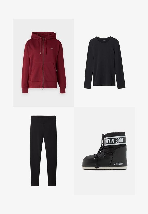 GANT SHIELD ZIP - Felpa con zip - plumped red; T-shirt nero a maniche lunghe realizzato in tessuto morbido, caratterizzato da un collo rotondo, design semplice e senza motivi o decorazioni visibili.; Leggings neri con una vita alta e elastica. Realizzati in un materiale liscio e elasticizzato, progettati per una silhouette aderente e senza motivi visibili.; Stivale Moon Boot nero con tomaia imbottita, fissata da lacci e una distintiva fascia bianca con il logo. Suola in gomma spessa e texture.