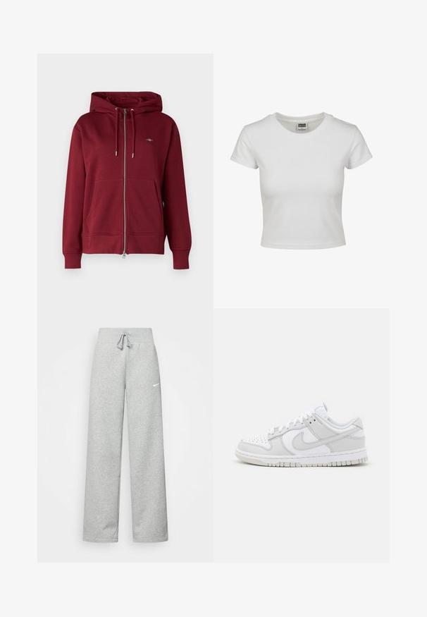 GANT SHIELD ZIP - Lukuga pusa - plumped red; Valge puuvillane T-särk klassikalise ümmarguse kaelusega, lühikeste varrukatega ja keha vastava lõikega. Mingeid mustreid ega aksessuaare pole nähtaval.; Hallide higi värvi spordipüksid, elastse vöökoht ja paelaga detail, millel on vasakul reiel väike valge Nike logo. Pehme kangas, laiem lõige.; Valged nahast spordijalatsid hallide aktsentidega, perforatsioonidega varvas, lapikud lipsud, pehmendatud krae ja tekstureeritud kummist tallad.