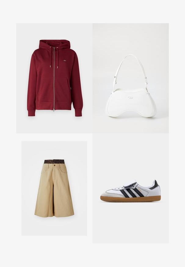 GANT SHIELD ZIP - Tröja med dragkedja - plumped red; Brun långärmad kort topp i glatt material, med rundad halsringning och figurnära design. Inga synliga mönster eller detaljer.; Kakifärgade shorts med bred bendesign och leopardmönstrad midja. Har framfickor och knappstängning. Slät, texturerad tyg.; Vit lädersneaker med svarta ränder och grå detaljer, med rundad tå och sula av gummigummi. Kardborreband och snörning.; Vit handväska med en slät, glänsande yta, rundad form och ett justerbart axelband. Har en logotyp präglad på framsidan.