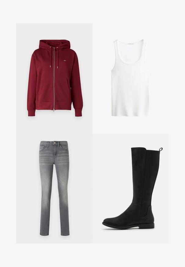 GANT SHIELD ZIP - Sweatjacke - plumped red; Weißes, geripptes Tanktop mit Rundhalsausschnitt und breiten Trägern. Weiche Stofftextur und genähte Säume. Einfaches, enganliegendes Design.; Graue Denim-Jeans im Slim-Fit, mit einem ausgewaschenen Look, fünf Taschen, einem Knopfverschluss und dezenten Nähdetails.; Knielange schwarze Stiefel aus Kunstleder mit glatter Oberfläche, elastischen seitlichen Einsätzen und einer niedrigen, flachen Sohle für Komfort.