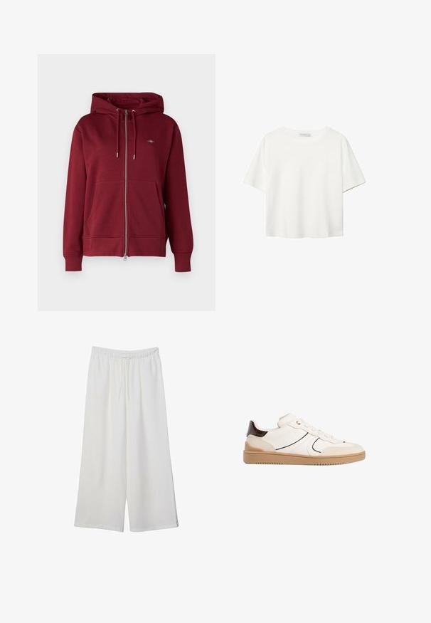 GANT SHIELD ZIP - Majica s kapuljačom i patentnim zatvaračem - plumped red; Bijela majica kratkih rukava od pamuka. Ima okrugli izrez i opušteni kroj. Glatka tekstura bez vidljivih uzoraka ili naglasaka.; Bijele hlače širokog kroja izrađene od lagane tkanine, s elastičnim pojasom i vezicom za prilagodljivu veličinu. Glatka tekstura.; Stradivarius Tenisice - white