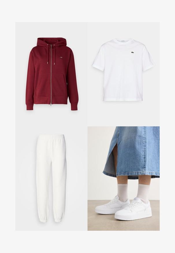 GANT SHIELD ZIP - Sweatjakke - plumped red; Hvit bomull T-skjorte med rund hals og korte ermer. Har en grønn brodert logo på brystet. Myk tekstur, avslappet passform.; Hvite joggebukser laget av myk, strikket stoff. Elastisk midje og mansjetter gir en avslappet passform. Minimalistisk design, ingen synlige mønstre eller detaljer.; Hvite joggesko med teksturert lær, med plattformsåle, rund tå og snøring; kombinert med lysegrå ankelsokker og et denimskjørt.
