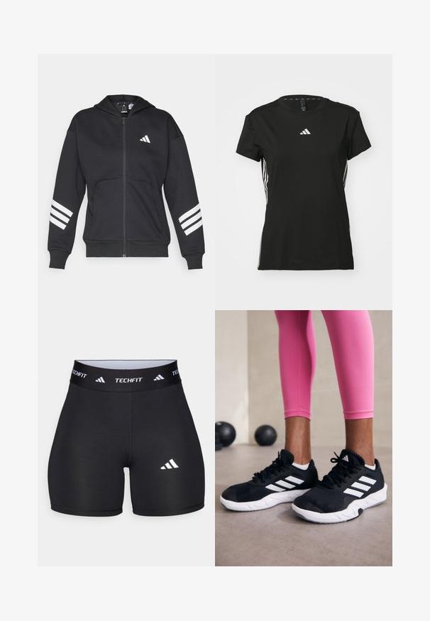 Fleece preto com fecho, feito de material de sweatshirt, apresentando um bolso frontal, capuz e três riscas brancas nas mangas. Logotipo da Adidas no peito.; T-shirt atlético preto com mangas curtas, feito de material sintético. Apresenta um pequeno logótipo branco no peito e riscas brancas nas laterais.; Calções pretos feitos de um tecido elástico com um design ajustado. Apresentam uma ampla faixa na cintura preta rotulada como "TECHFIT" e um logótipo branco na perna.; Sapatos de treino pretos com riscas brancas, parte superior em malha texturizada e sola branca. Usados com leggings cor-de-rosa, destacando roupa de treino.